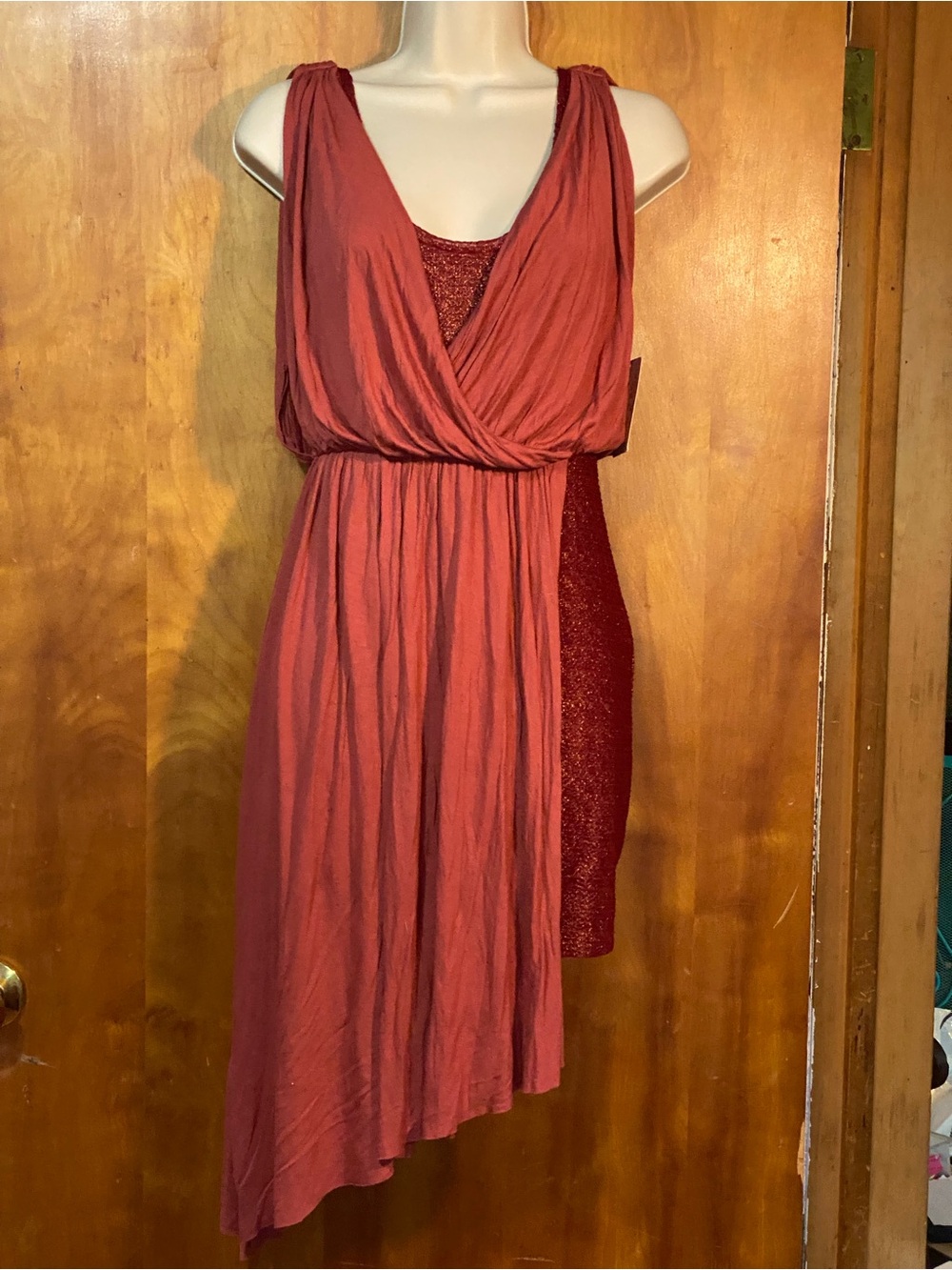 NWT FREE PEOPLE dress,Tuscan red stretch cotton over sparkly mesh,hi low hem, XS